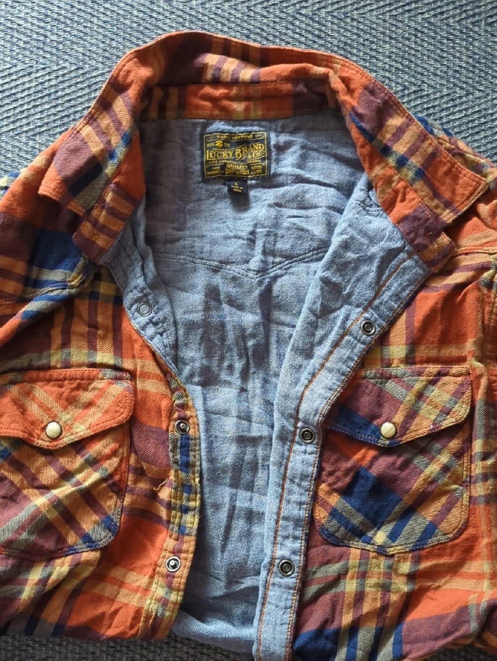 Lucky Brand Orange and Blue Plaid Men's Button-Down Shirt